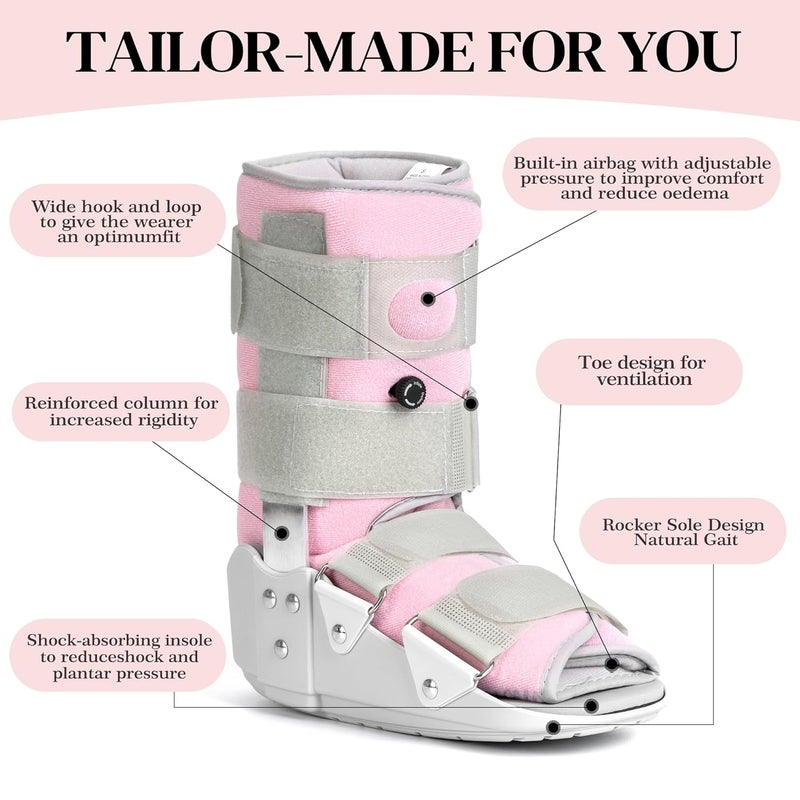 Medibot حذاء طبي للكسور - جبيرة مشي قابلة للتعديل لإصابات القدم والكاحل دعم آمن للقدم المكسورة أو التواء شديد، مقاس متوسط للنساء، رمادي ووردي فاتح، يناسب مقاس حذاء النساء 7-10'' - Image 2